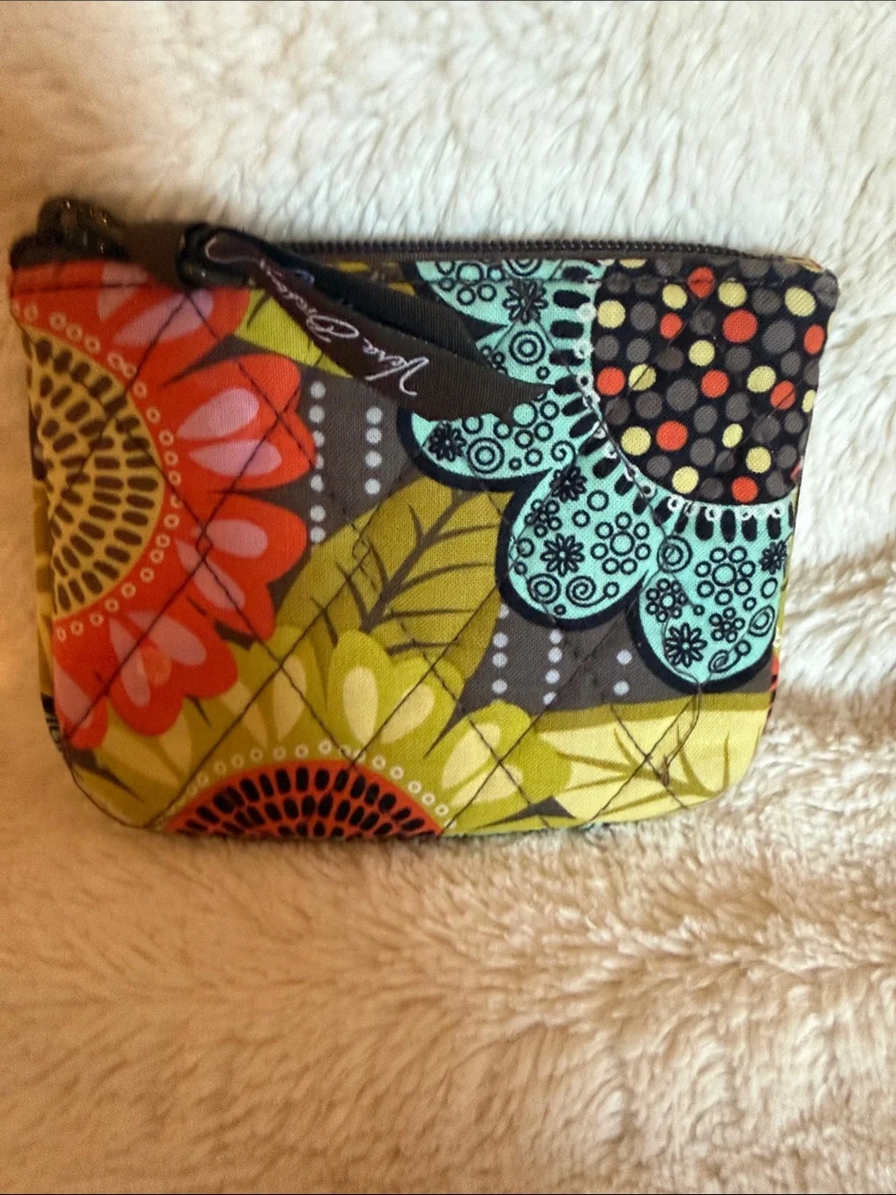 Vera Bradley Flower Shower Quilted Floral Coin Purse Zip Pouch Brown Yellow Teal